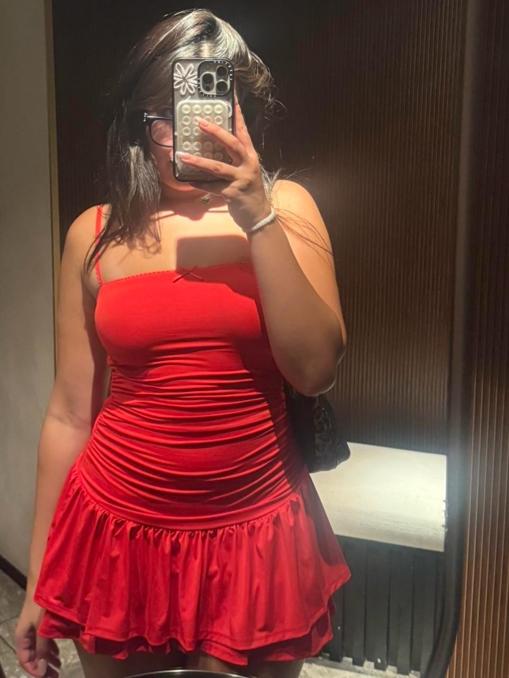 NIA Red Ruched Drop Waist Ruffle Mini Dress Size Small - Picture 3 of 3